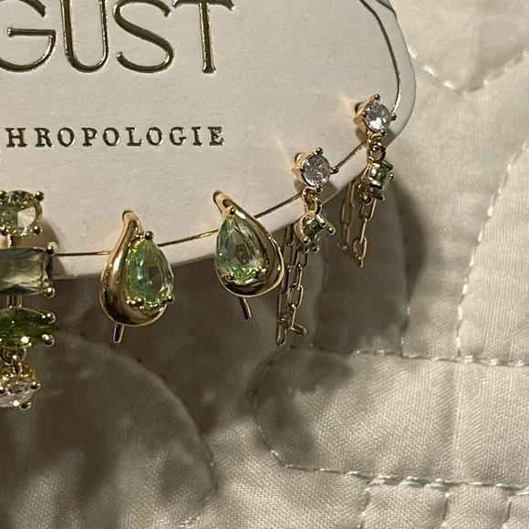 Anthropologie Green Crystal Multi-Pair Earring Set in Gold - Picture 3 of 4